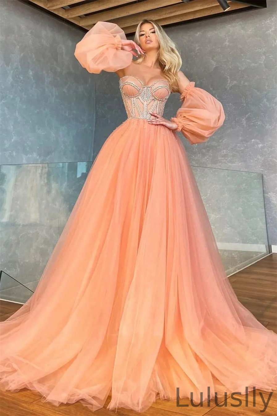Luluslly Light Orange Sweetheart Prom Dress Tulle With Beads Detachable Sleeves