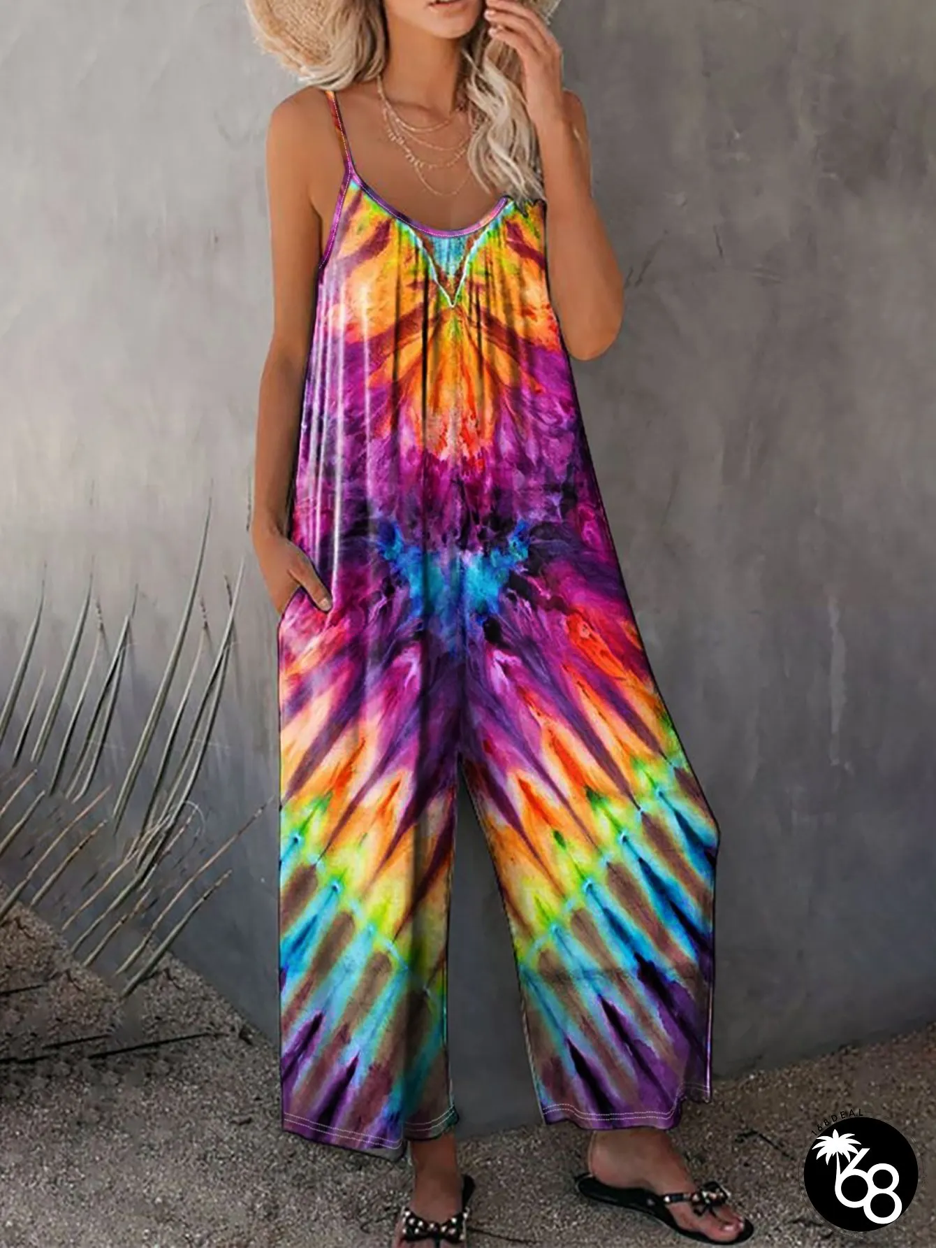 Spring And Summer Tie Dye Fashionable Vacation Camisole Jumpsuit [vacation Orientation] | 168DEAL