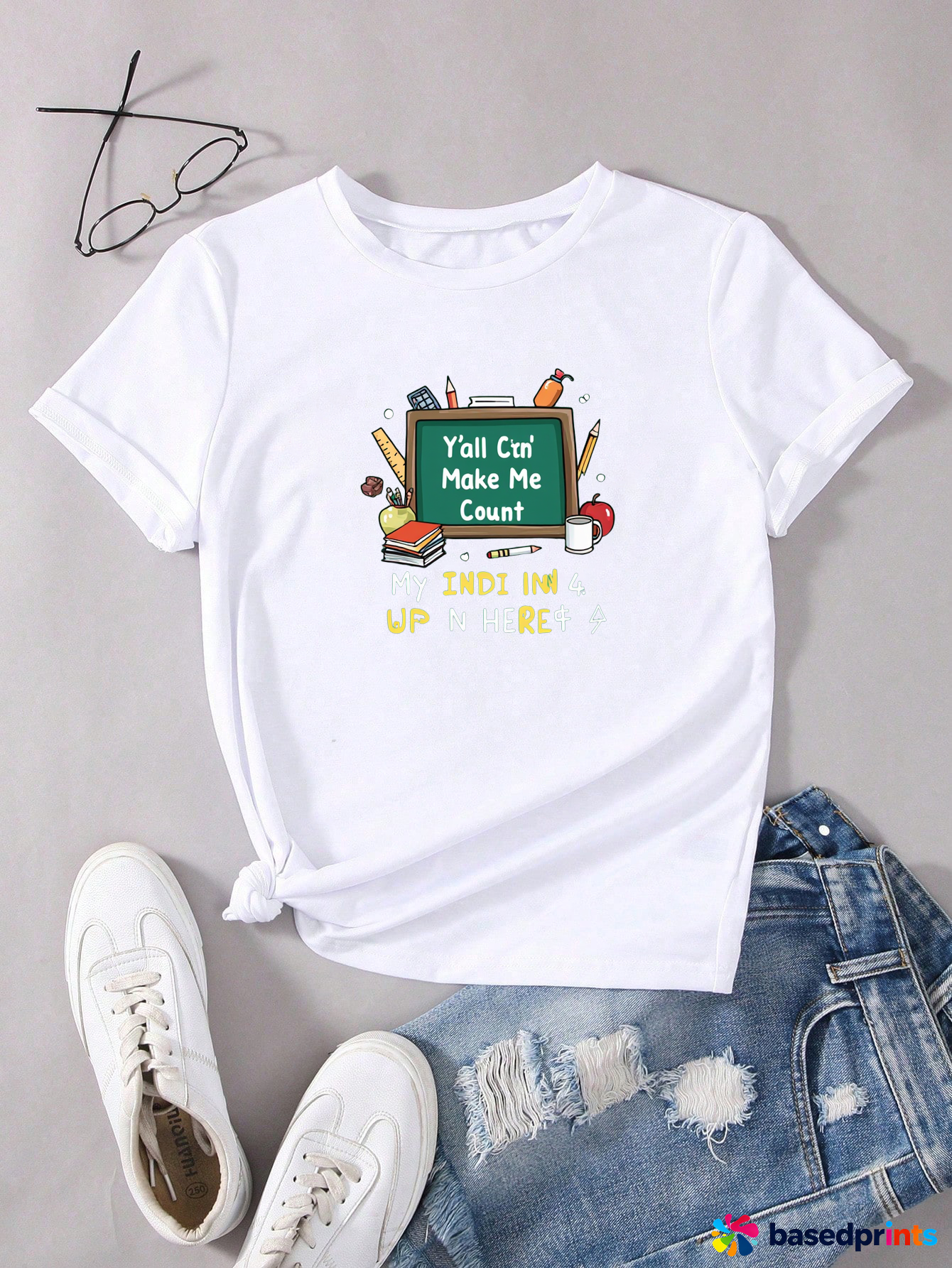 White T-Shirt with School Theme Print