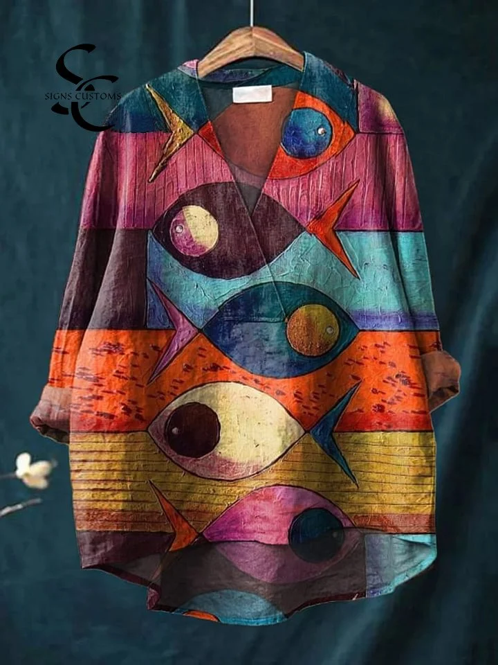 Women's Fish Animals Art Print Casual Cotton And Linen V-neck Shirt