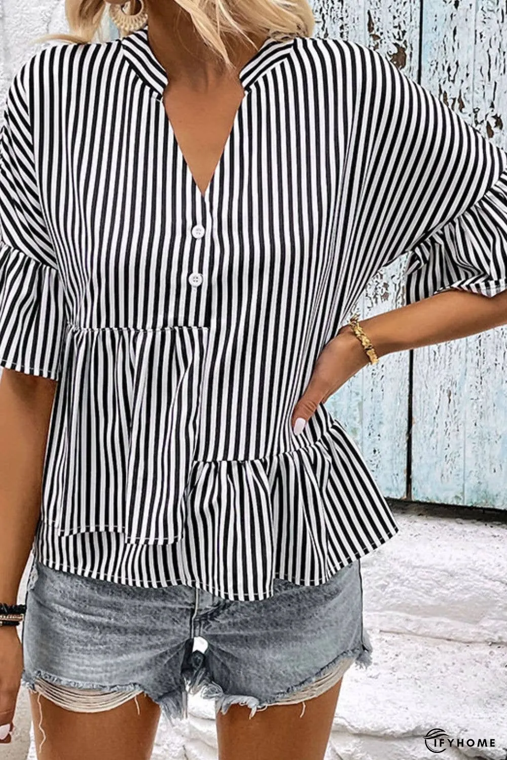 Striped Asymmetrical Flounce Sleeve Blouse | IFYHOME