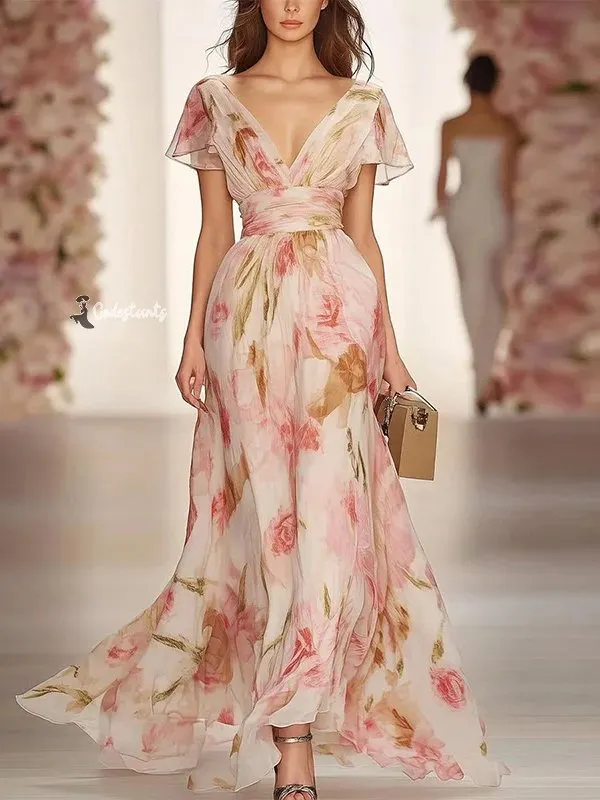 Flower Printed Ruffled Short Sleeves Elegant Chiffon Maxi Dress