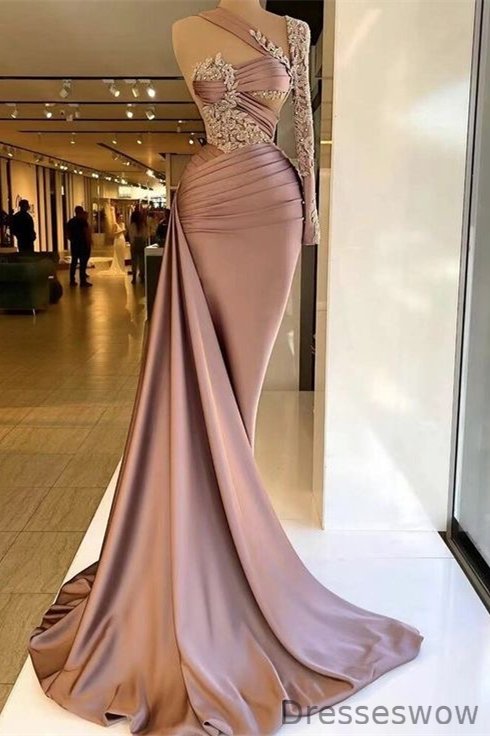 Dresseswow Dusty Pink Long Sleeve Mermaid Prom Gown With Appliques Ruffles One Shoulder
