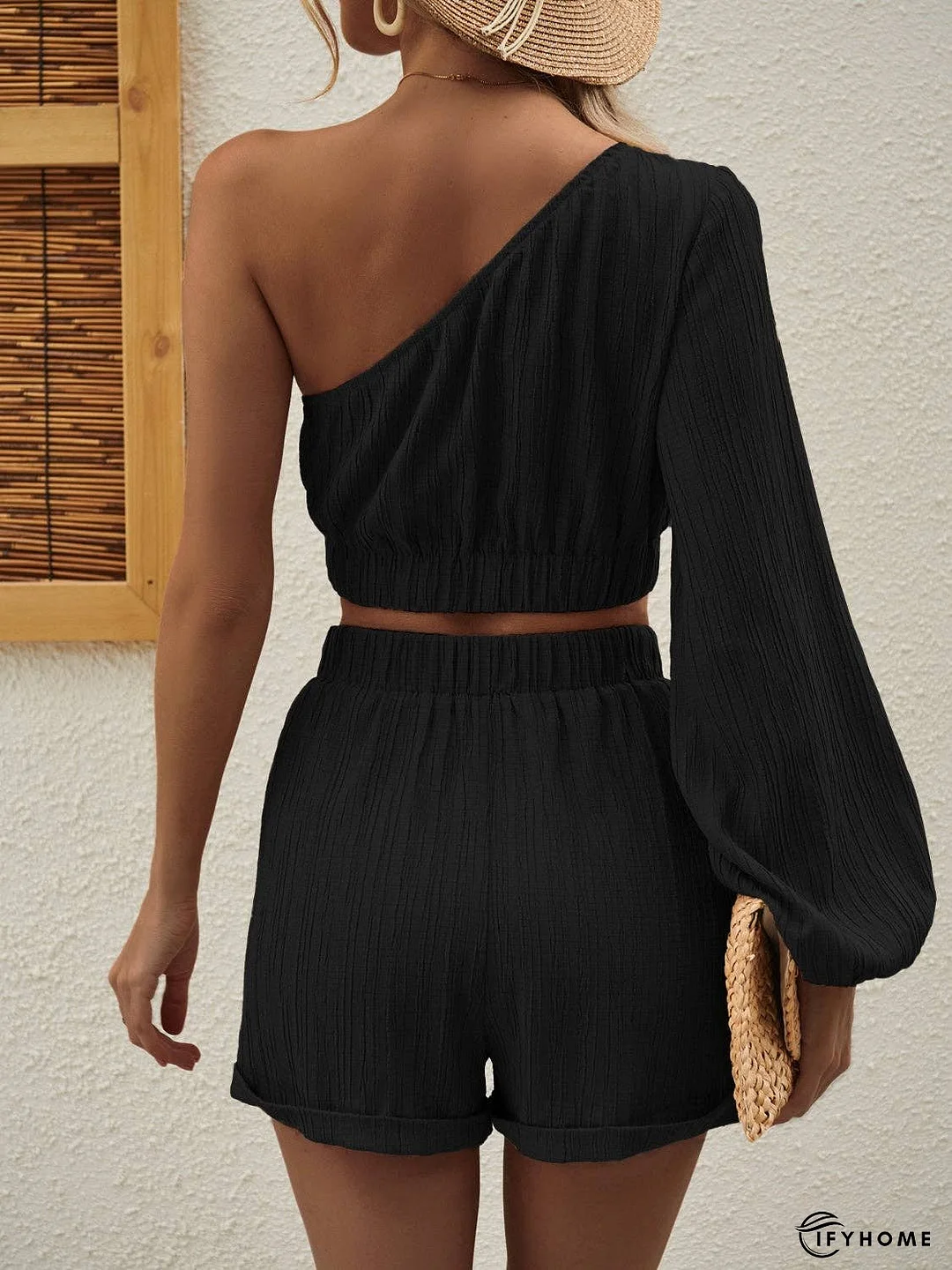One Shoulder Long Sleeve Top and Shorts Set | IFYHOME
