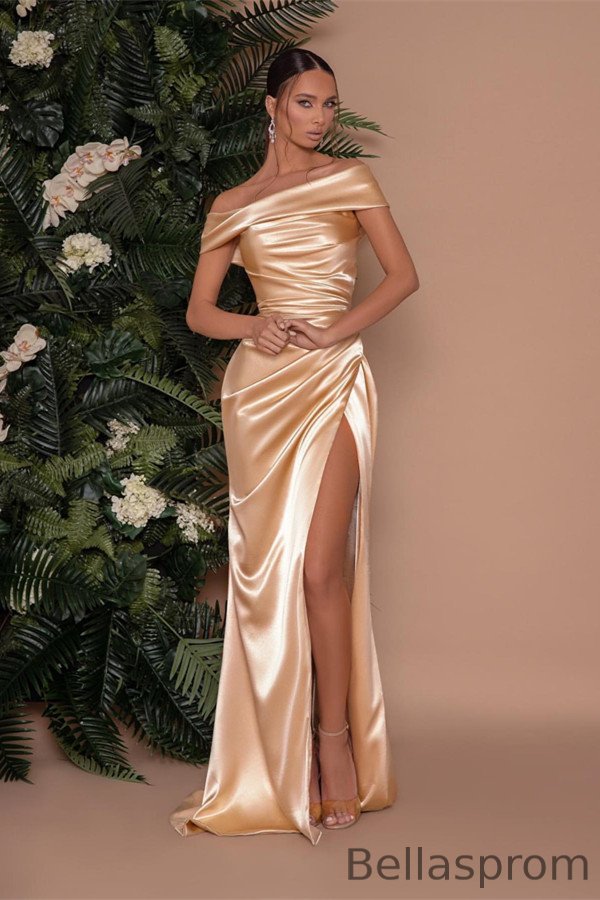 Bellasprom Champagne Gold Mermaid Prom Dress Off-the-Shoulder Split Bellasprom