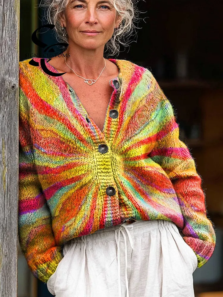Beautiful Multi-Color Sun Painting Art Print Buttoned Cardigan Sweater