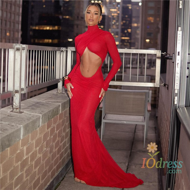 IO Dress Cryptographic Elegant Red Cut Out Maxi Dress for Women Party Club Outfits Long Sleeve Ruched Sexy Backless Gown Birthday Dresses IO Dress