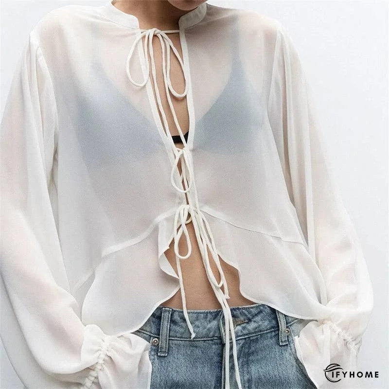 White Tie-Up Top With Mandarin Collar | IFYHOME