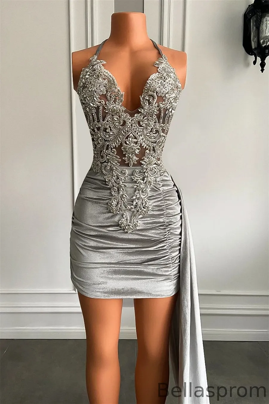 Bellasprom Silver Halter Sleeveless Short Prom Dress with Beadings Ruffles Same As Picture-US2