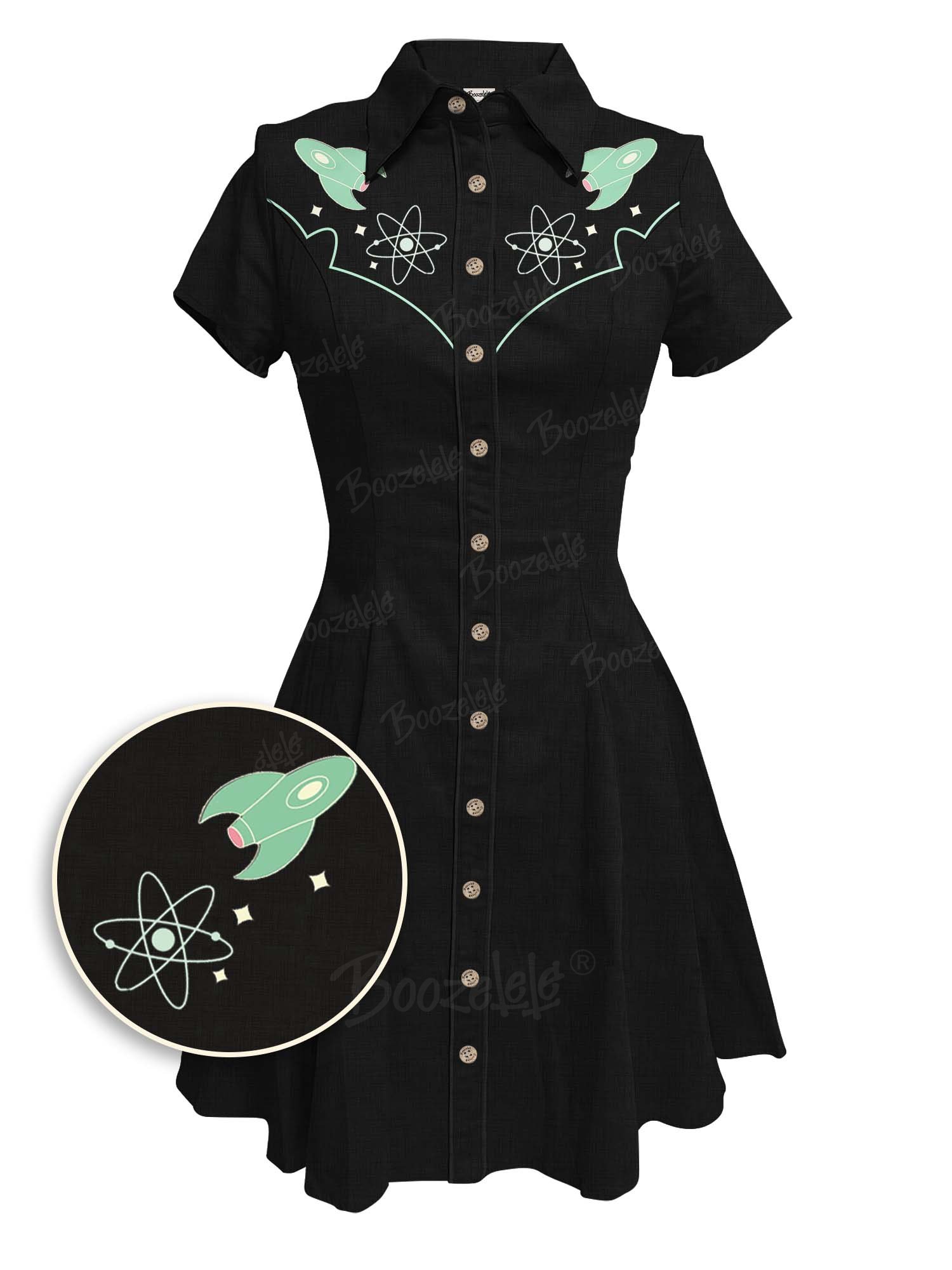 【Embroidery】1950s Vintage Atomic Rocket - 100% Cotton Dress