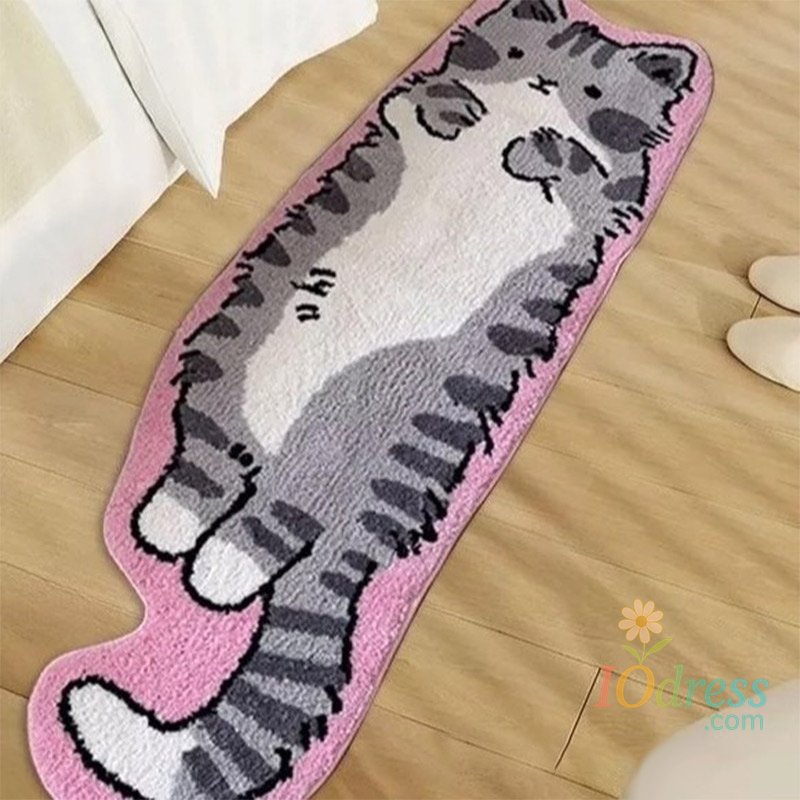 IO Dress Creative Special-shaped Bed Rug Cartoon Cat Rug Animal Shape Fried Cat Rug Machine Washable Suitable For Bedroom Living Room