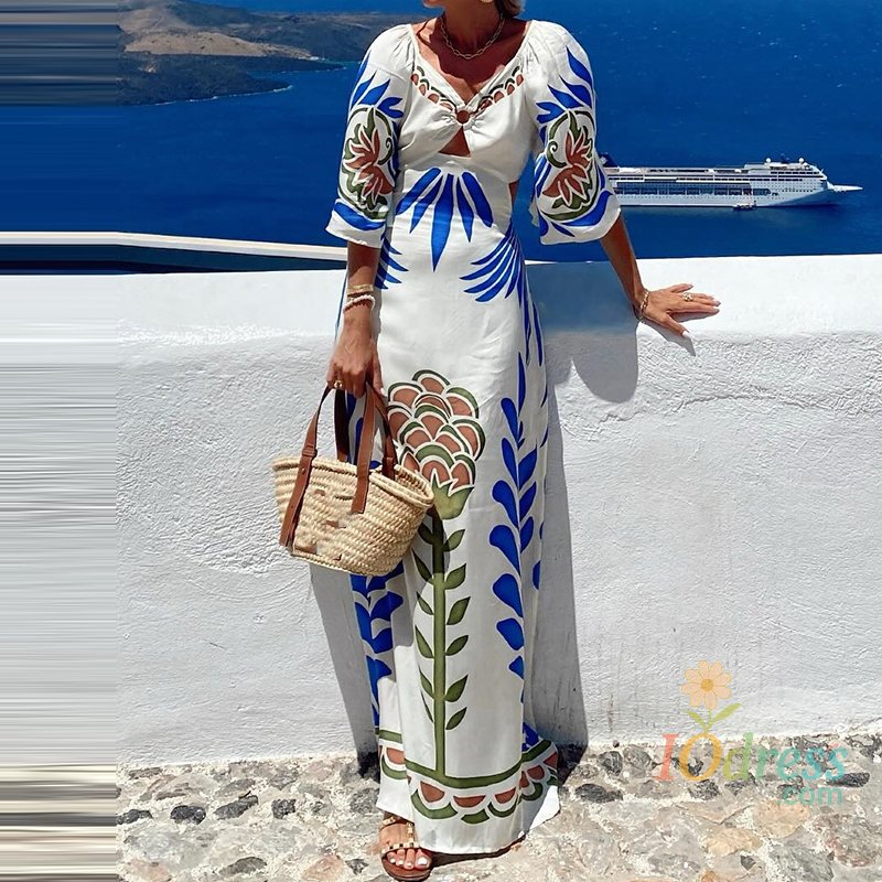 IO Dress Fashion Print Hollow Out Beach Dress New Sexy V-neck Waist Vacation Long Dress Women Elegant Backless Lace-Up Bohe Party Dress IO Dress
