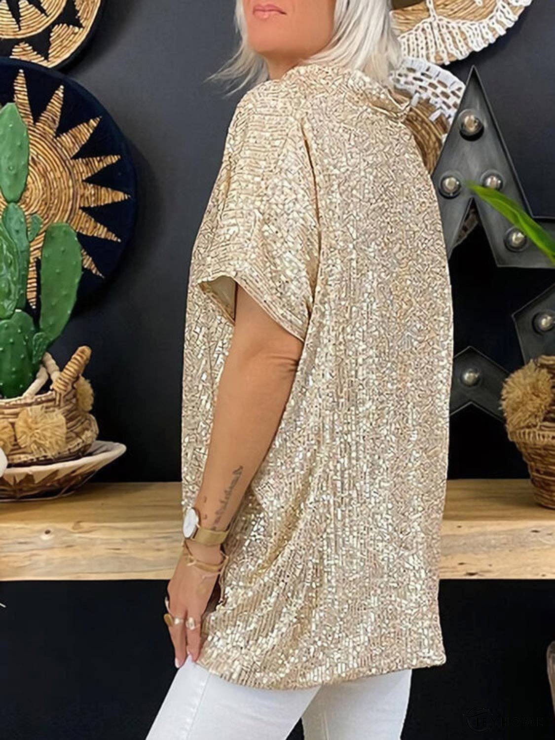 Full Size Sequin V-Neck Short Sleeve Top | IFYHOME