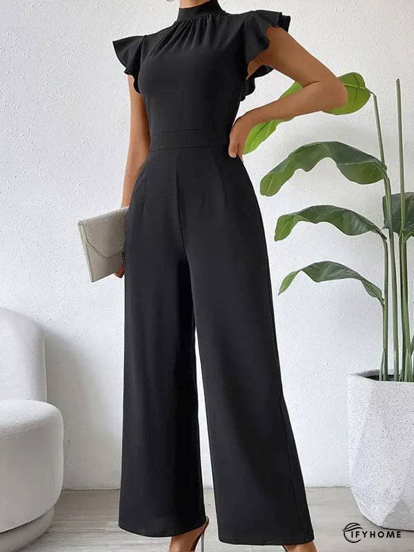 High Waisted Loose Pleated Ruffled Solid Color Mock Neck Jumpsuits | IFYHOME