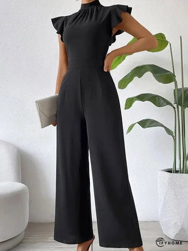 High Waisted Loose Pleated Ruffled Solid Color Mock Neck Jumpsuits | IFYHOME
