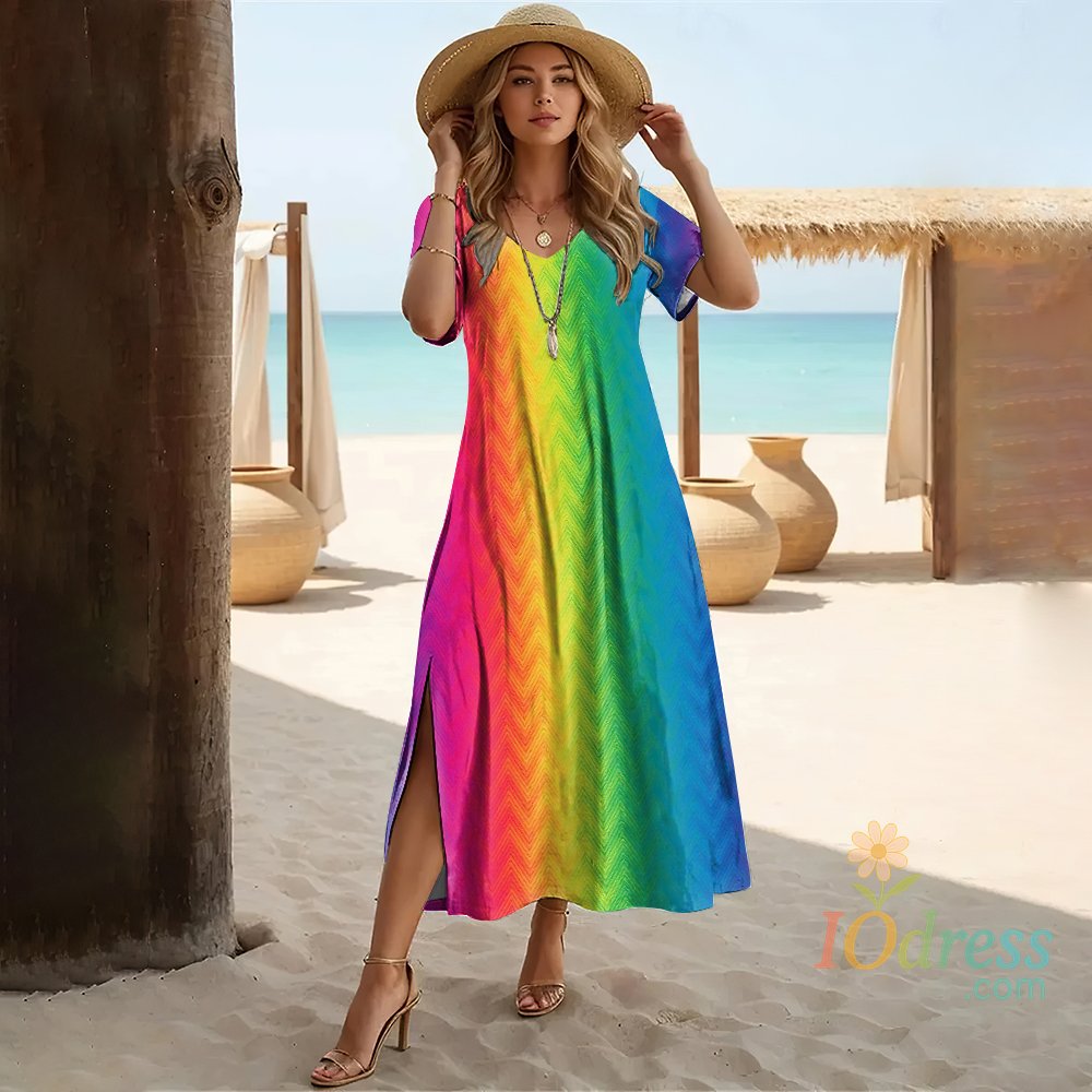 IO Dress Summer New Colorful Rainbow Colors Print Dresses For Women's Plus Size Midi Dresses Holiday Dresses Female Women's Clothing 2024 IO Dress Store