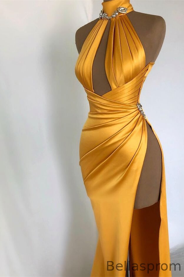 Bellasprom Yellow High Neck Sleeveless Prom Dress Mermaid Side Slit Online Bellasprom