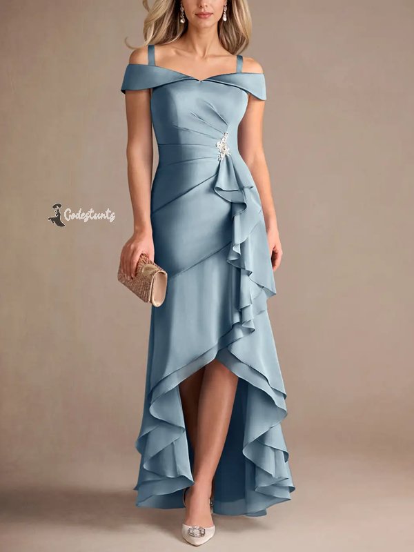Dusty Blue Mermaid Off the Shoulder Stretch Satin Dress