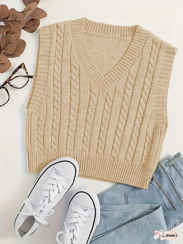 Women's Cable Knit V-Neck Sweater Vest - Beige, Casual, All-Season, Hand Wash or Dry Clean, Twisted Ribbed Detail, Solid Color, Perfect for Layering with Jeans and Sneakers, Layering Piece | Cable Knit Pattern | Ribbed Texture, Knit Sweater