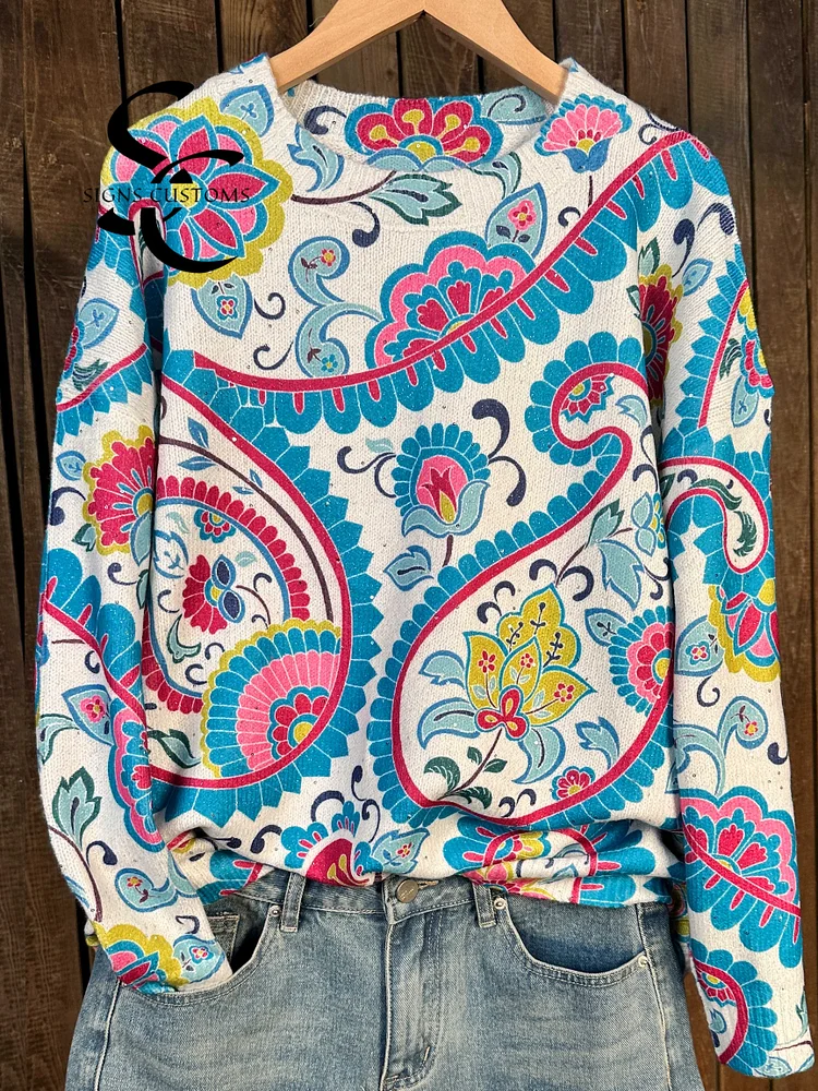 Artistic Floral Sequins Print Knit Pullover Sweater