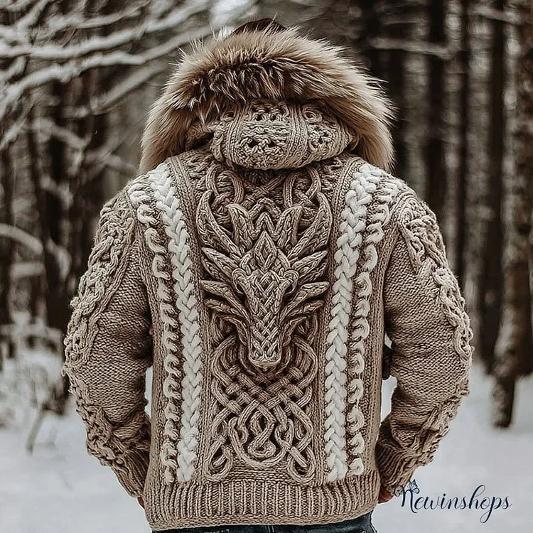 Men's Viking Tribal Dragon Celtic Chunky Knit Fuzzy Hooded Zipper Cardigan