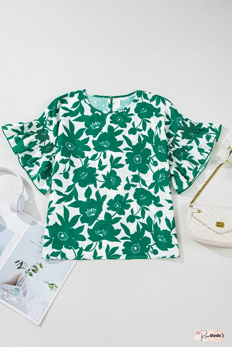 Floral Printed Ruffled Round Neck Blouse