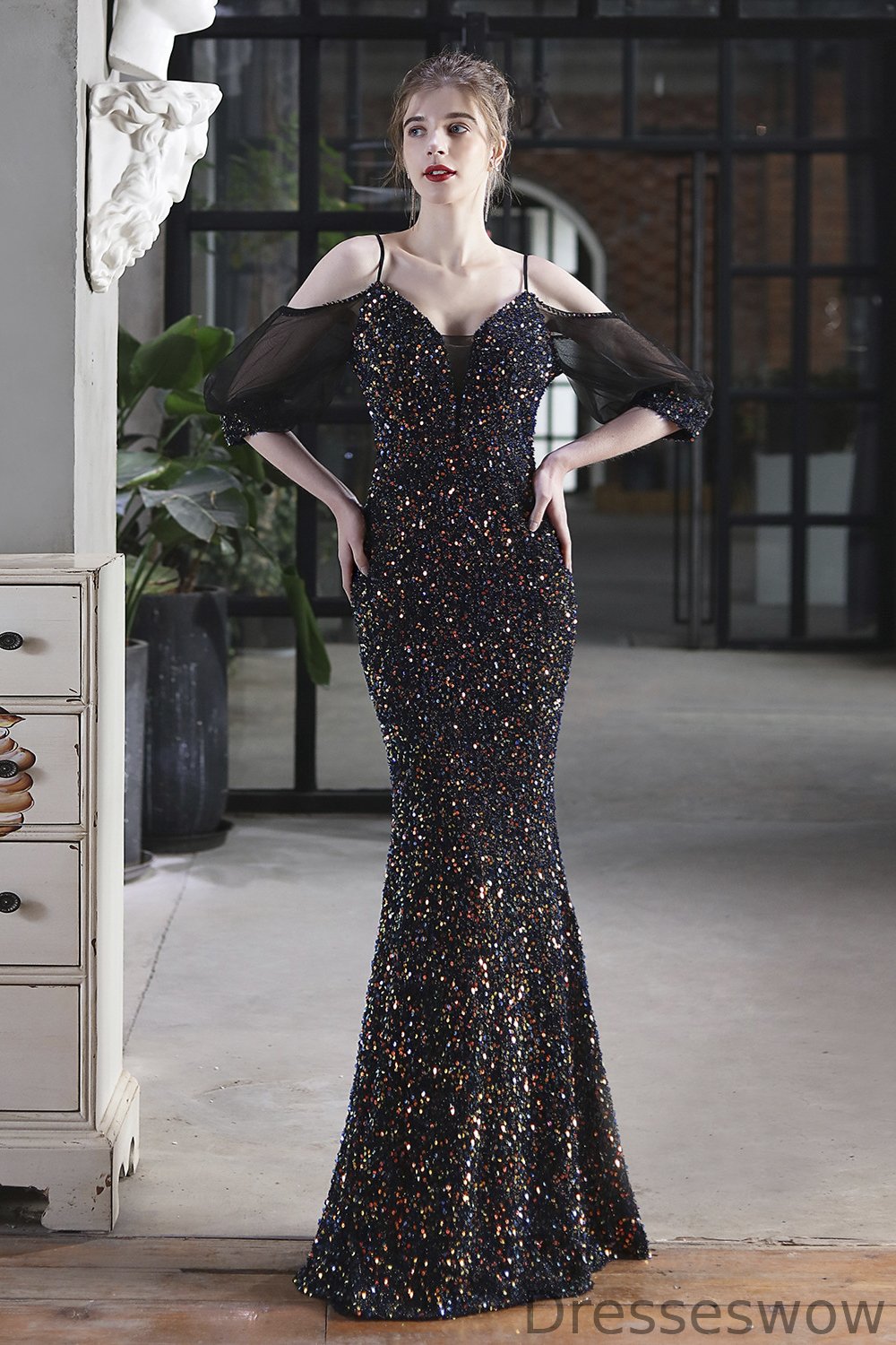 Dresseswow Spaghetti-Straps V-Neck Sequins Evening Dress Mermaid With Bubble Tulle Sleeves YE0095
