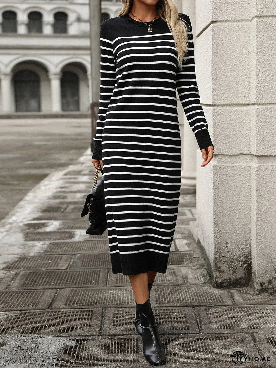 Striped Round Neck Long Sleeve Dress | IFYHOME