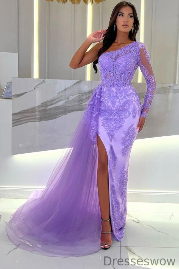 Dresseswow Lilac One Shoulder Long Sleeve Mermaid Party Prom Dresses Lace Appliques With Split Ruffles