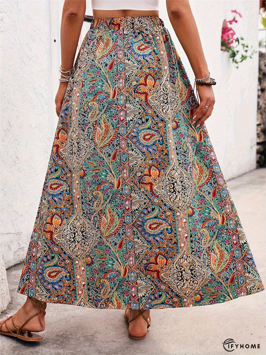 Slit Printed Elastic Waist Skirt | IFYHOME