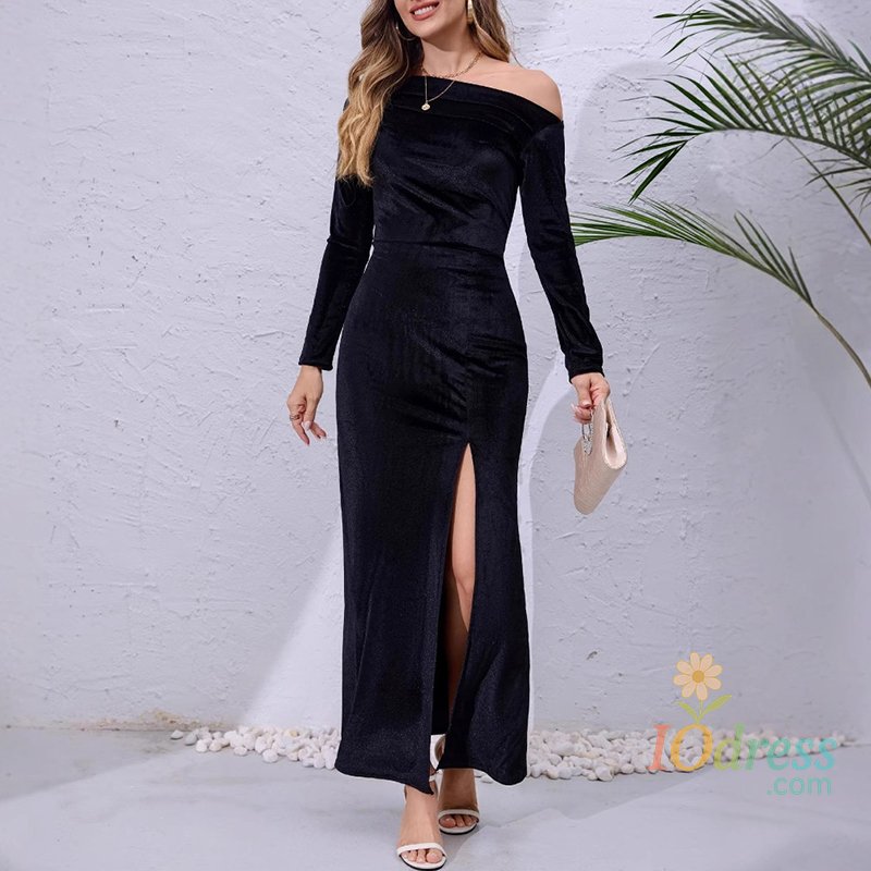 IO Dress Women's Party Dress New Elegant Sloping Shoulder Long Sleeved Slim Fit Sexy High Slit Velvet Long Skirt Evening Dresses vestidos