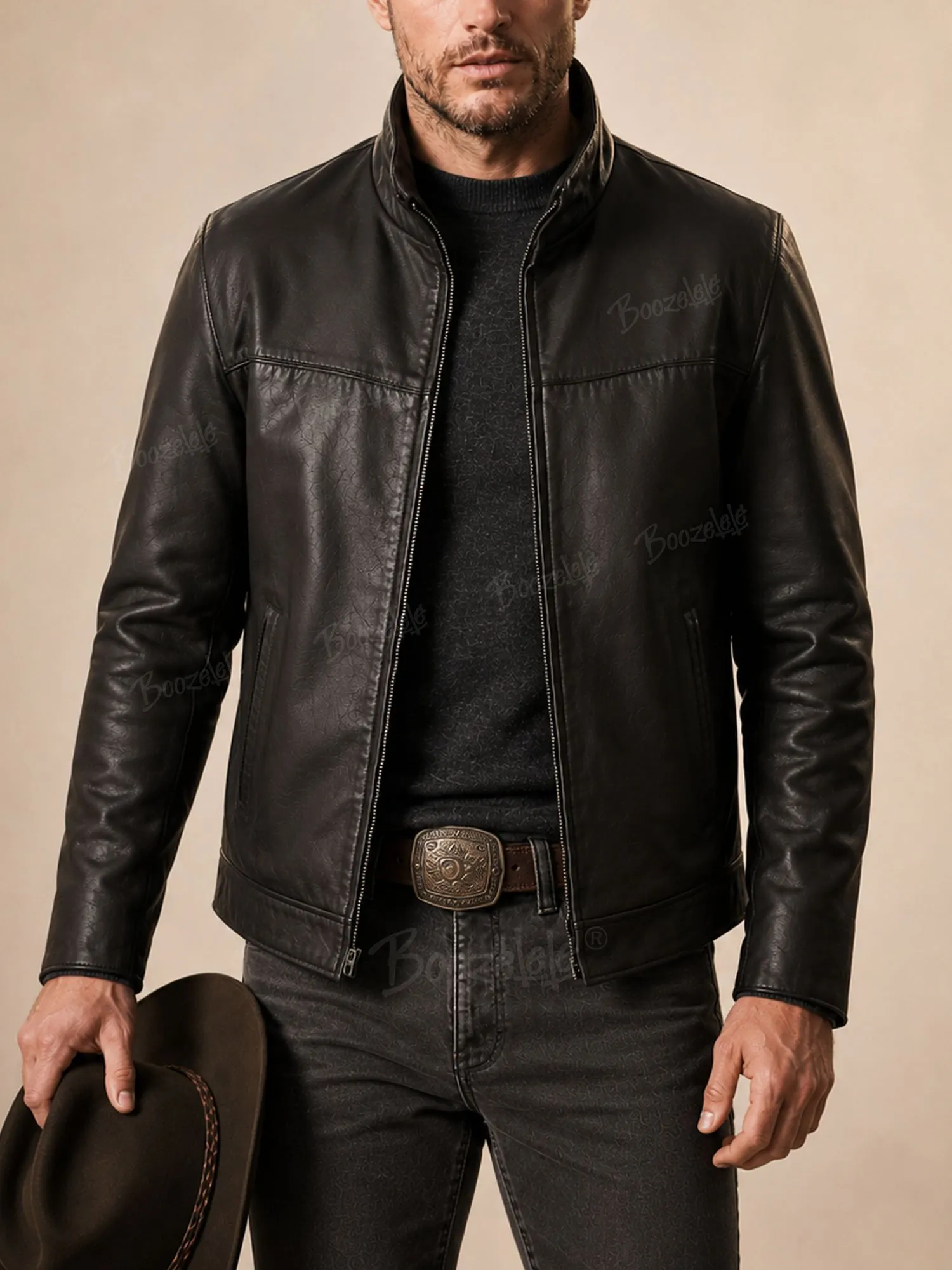 Perfect for Daily Commuting & Motorbike Riding &mdash; Black Slim-Fit Stand-Collar Zipper Luxury Heavyweight Leather-Feel Men's Genuine Jacket