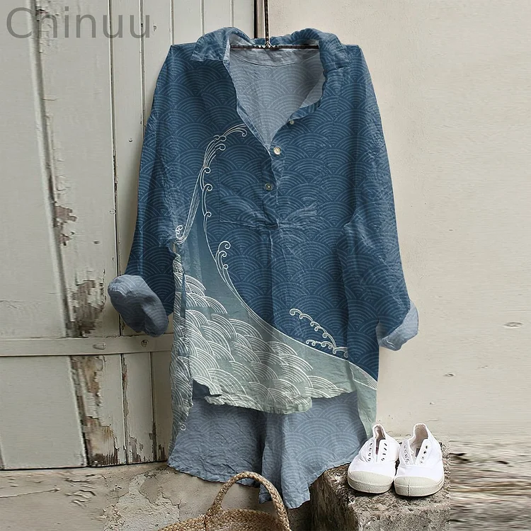 Sea Waves Japanese Art Cotton And Linen Button Casual Shirt