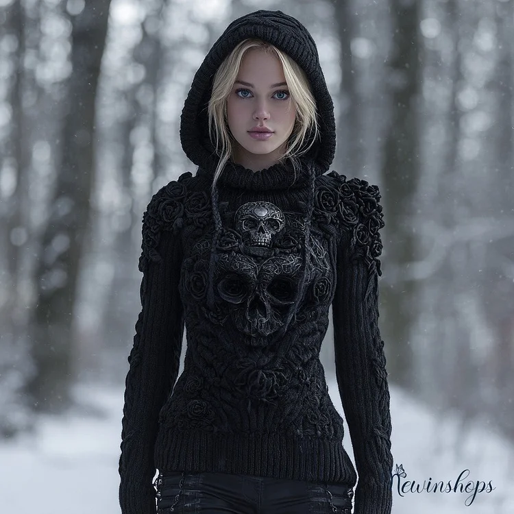 Women's Vintage Celtic Knot Skull And Roses Knitted Hooded Sweater