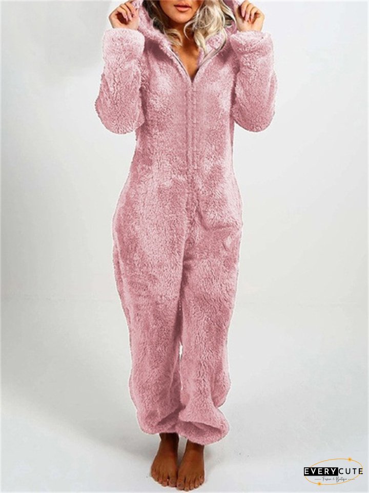 Women's Jumpsuit Solid Color Hooded Basic Home Loose Long Sleeve Rose Red 5XL Fall