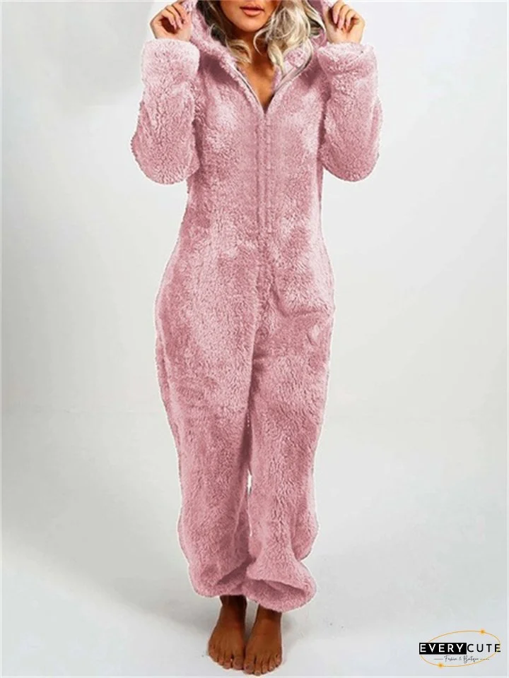 Women's Jumpsuit Solid Color Hooded Basic Home Loose Long Sleeve Rose Red 5XL Fall