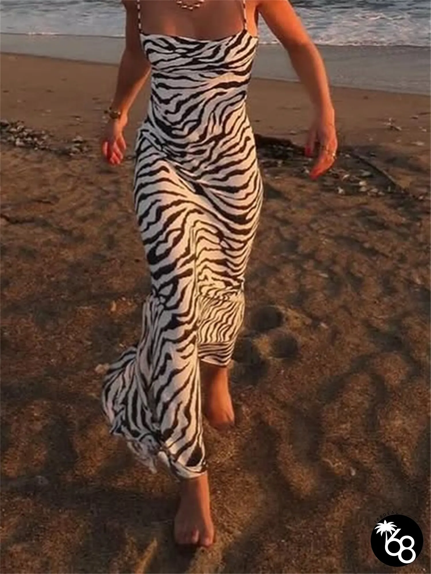 Womens Zebra Print Cami Dress Sleeveless Tie-Backless Bodycon Long Black White Stripes | 168DEAL