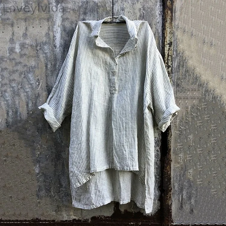 Vintage Stripes V Neck Linen Cotton Casual Shirt