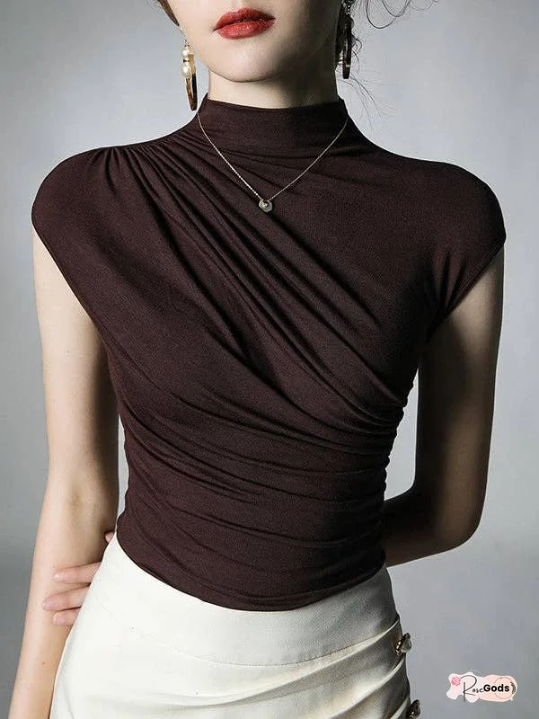 Skinny Pleated Solid Color Mock Neck T-Shirts Tops