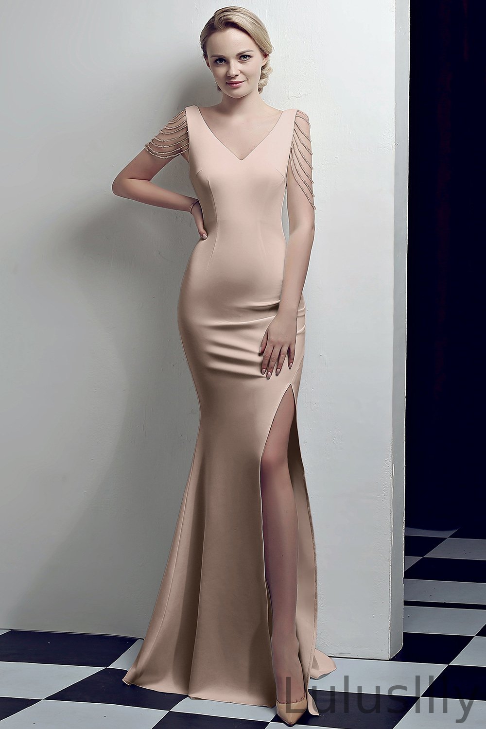 Simple But Elegant V-Neck Mermaid Evening Gowns Long Beadings Straps With Front Split - lulusllly