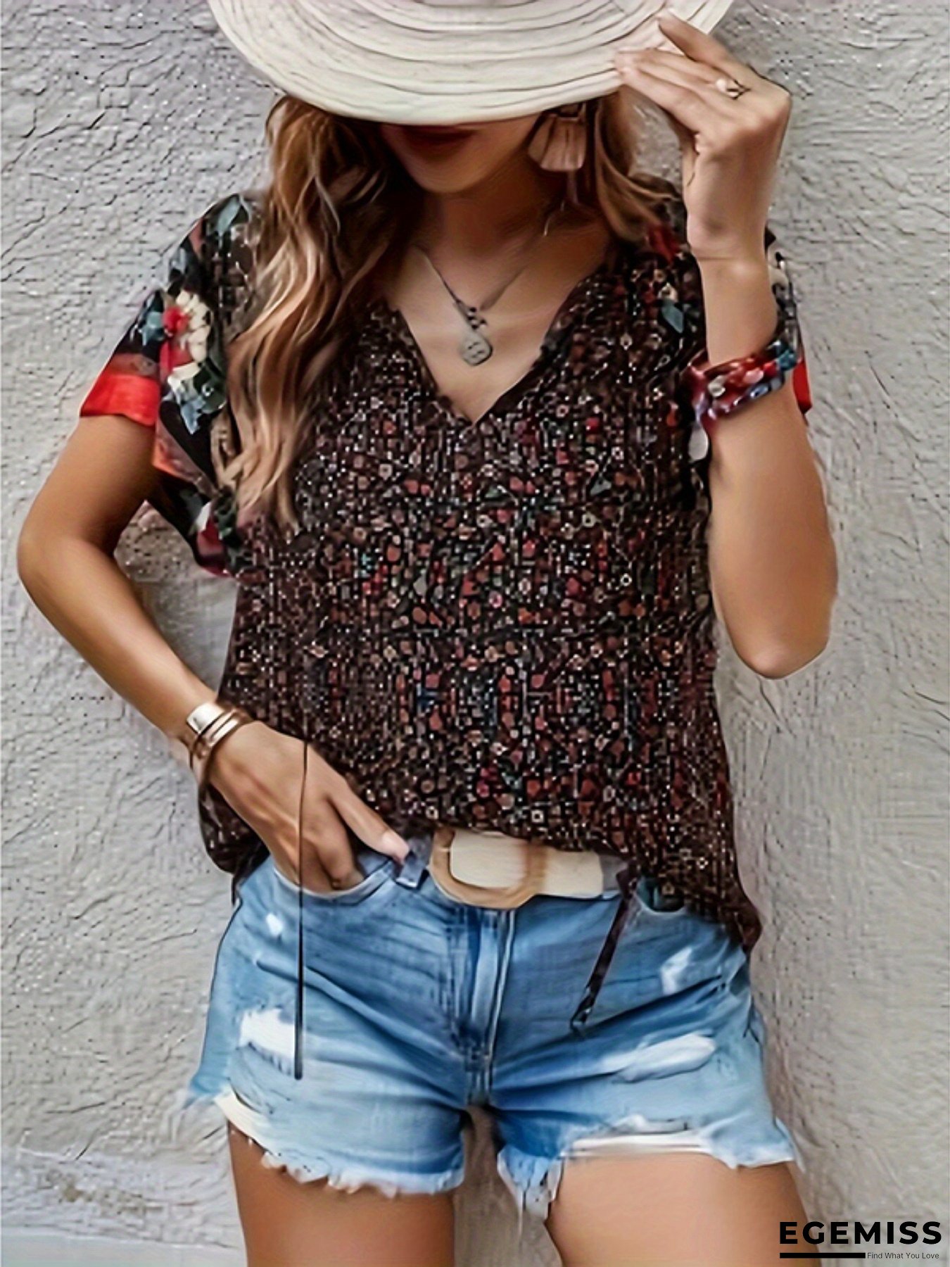 Women's Boho Tunic Blouse V Neck Short Sleeve Drawstring Waist Vacation Casual Top | EGEMISS