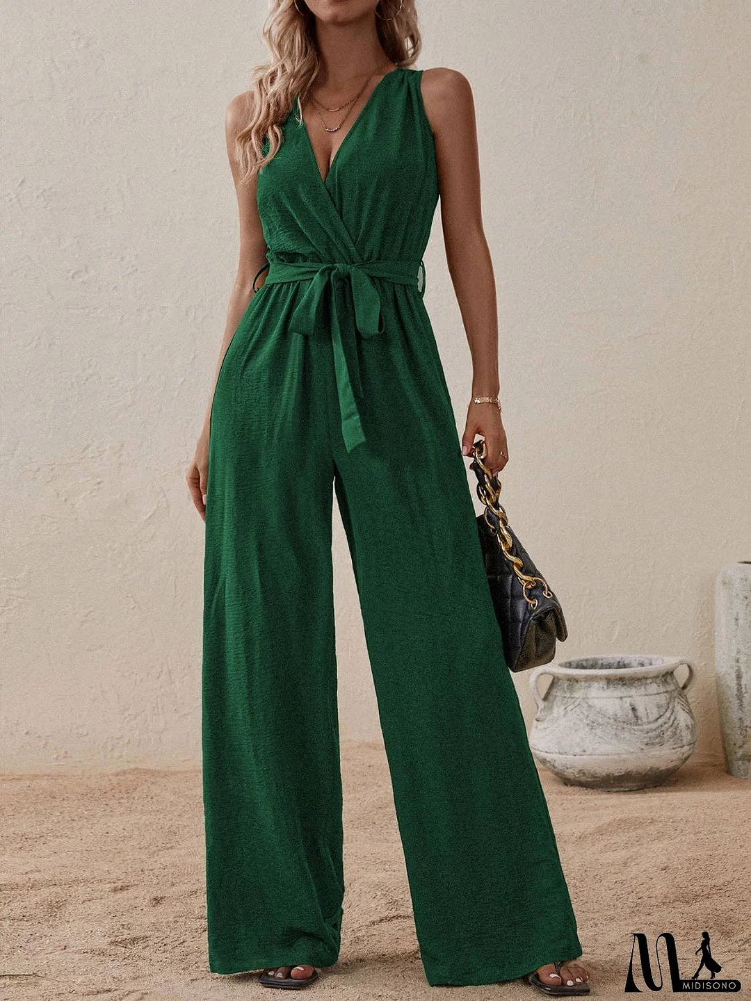 Tied Surplice Sleeveless Wide Leg Jumpsuit