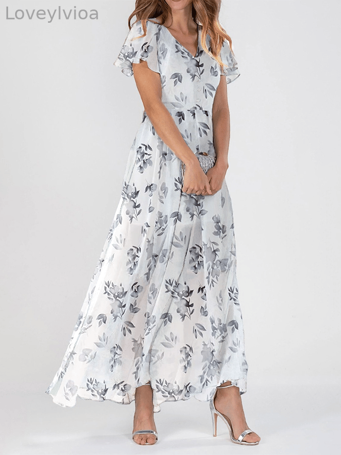 Women's V Neck Short Sleeve Chiffon Floral Dress