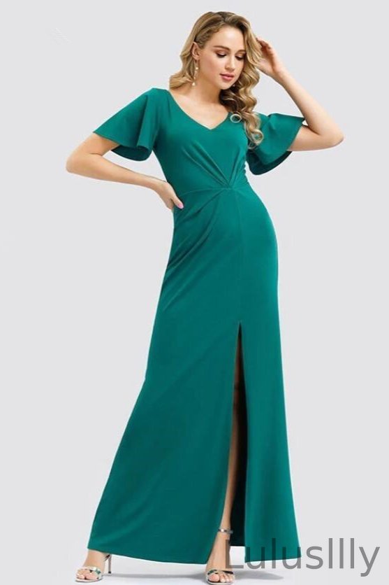Gorgeous Turquoise Short Sleeve Prom Dress Long Mermaid Evening Gowns With Split - lulusllly