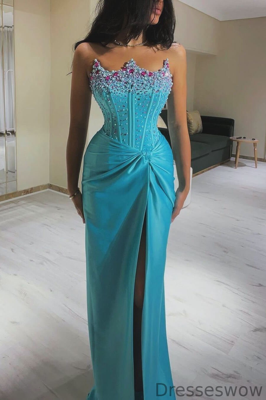 Dresseswow Ocean Blue Sweetheart Sleeveless Mermaid Ball Dress With Front Split Pearls Beads