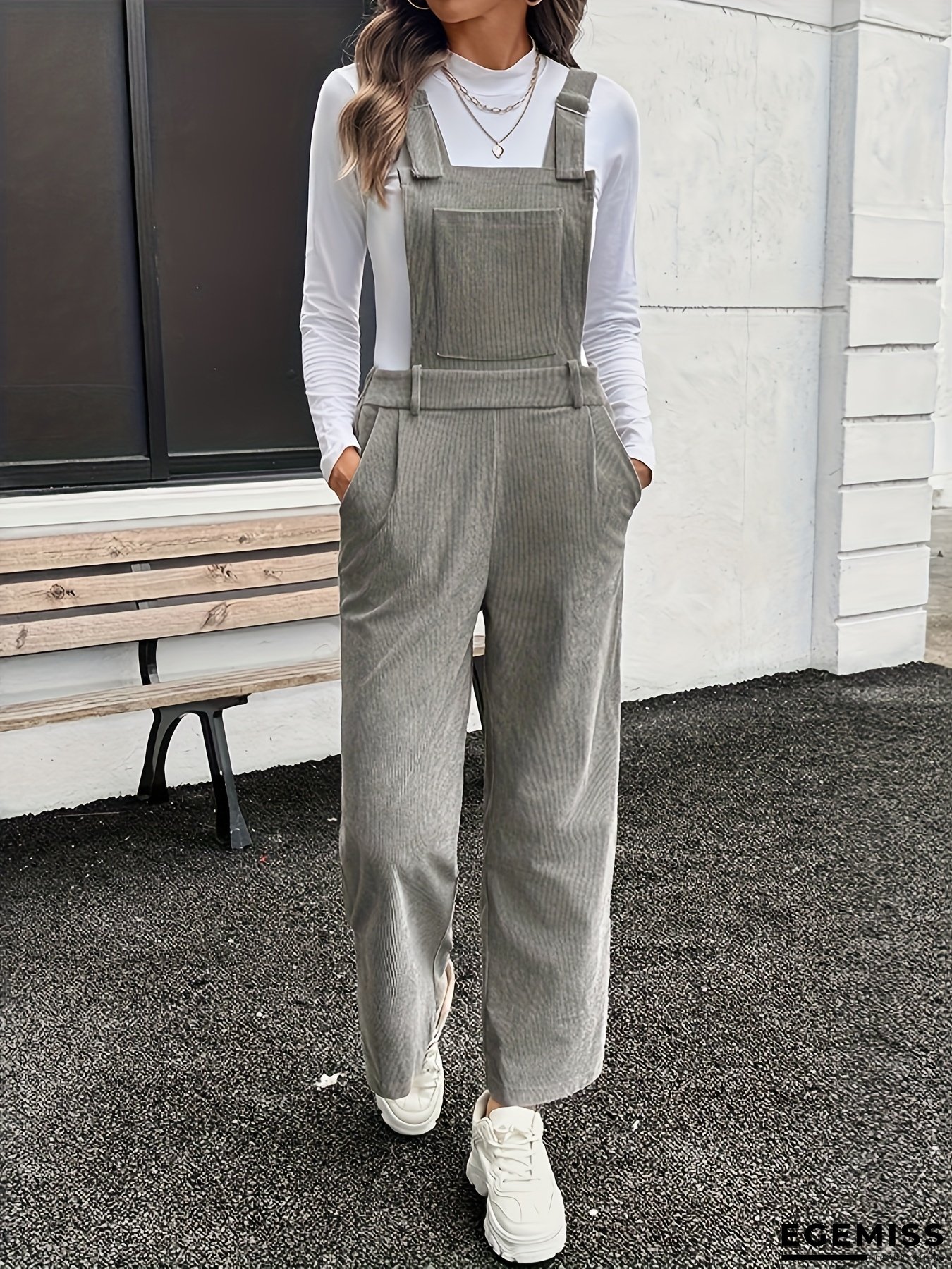 Women's Casual Corduroy Overalls with Adjustable Straps - Solid Color Striped Design, Long Sleeves, Loose Fit for Spring Summer Fall, Versatile Layering Piece, Seasonal Fashion, Relaxed Fit, Comfortable Wear, Fashion Lovers | EGEMISS