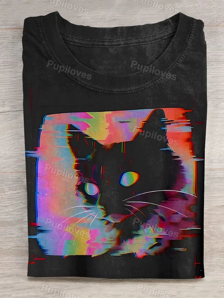 Pupiloves Pupiloves  Funny Cat Art Casual Print T-Shirt