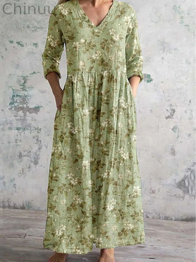 Women's Elegant Simple Floral V-Neck Cotton and Linen Dress with Pockets