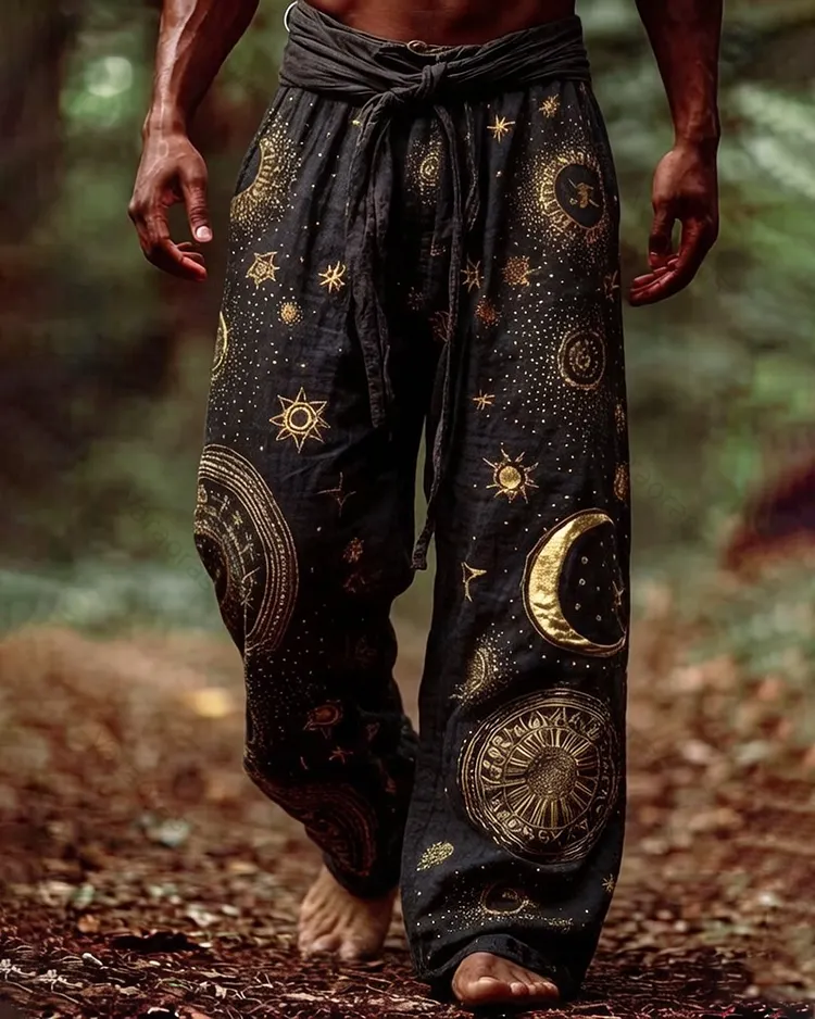 Men's Summer Fashion Color-Blocked Star and Moon Embroidered Long Pants 9513