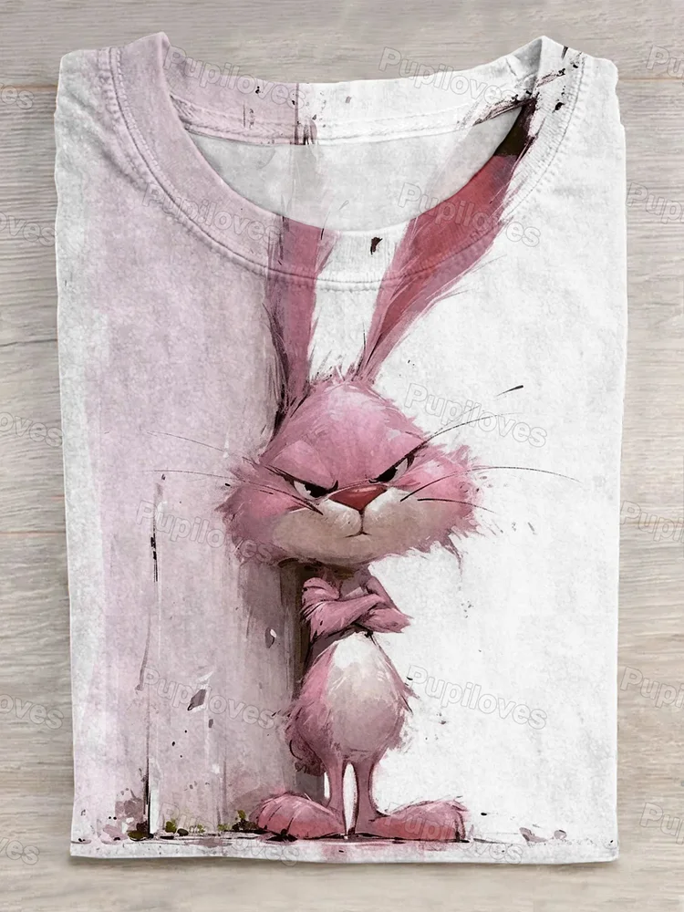 Pupiloves Pupiloves Funny Cute Bunny Print Casual Short Sleeve T-shirt